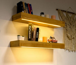 Floating Thick Wall Shellf with lights, Wooden Shelf with Led Light Strip, Floating Shelf with 12V DC LED lights, Gift for Housewarming